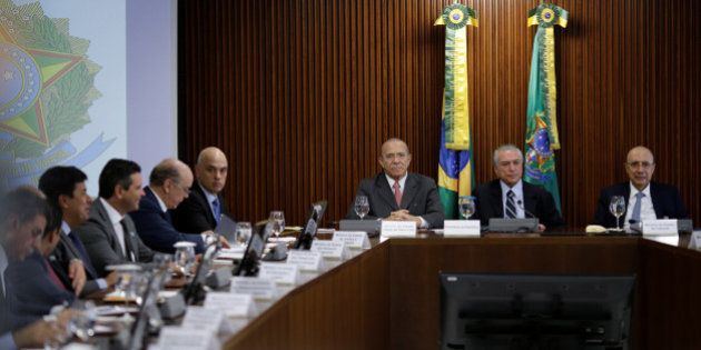 Brazil's Chief of Staff Minister Eliseu Padilha, interim President Michel Temer, Finance Minister Henrique...