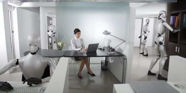 Businesswoman and Robots working at