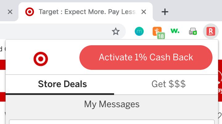 The Rakuten browser extension notifies Target shoppers they can earn 1% back.