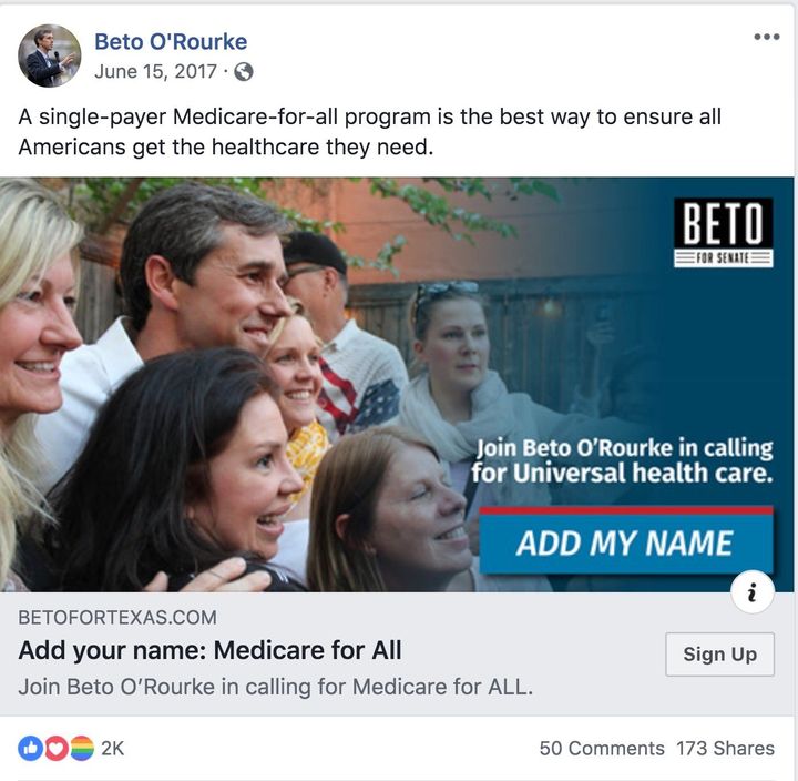 In three terms in the House, O’Rourke did not co-sponsor any single-payer health care bills. In 2018, as a Senate candidate, he said he would sign on to Sanders’ single-payer bill if elected.
