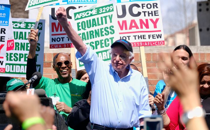 Sanders greets workers at a rally at UCLA on March 20. He and O'Rourke share a knack for small-dollar fundraising.