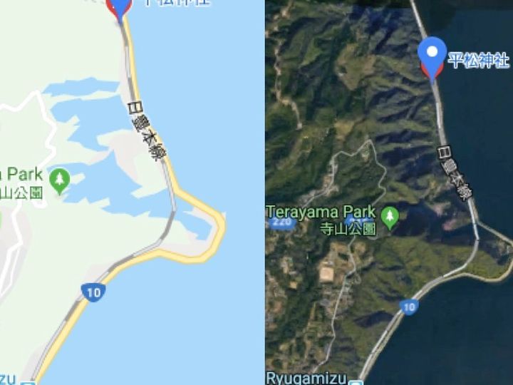 鹿児島県の地図では、航空写真（右）では山があるはずの部分に、マップ表示にすると湖が出現する