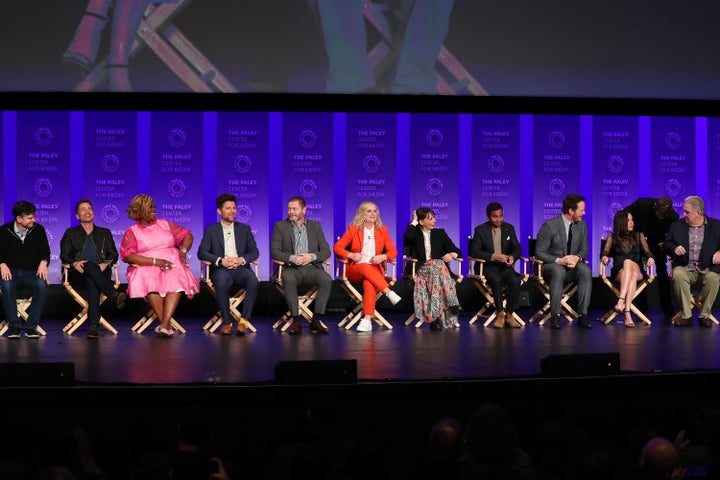 Michael Shur, Rob Lowe, Retta, Adam Scott, Nick Offerman, Amy Poehler, Rashida Jones, Aziz Ansari, Chris Pratt, Aubrey Plaza, and Jim O'Heir on stage at the “Parks And Recreation'” 10-year reunion.