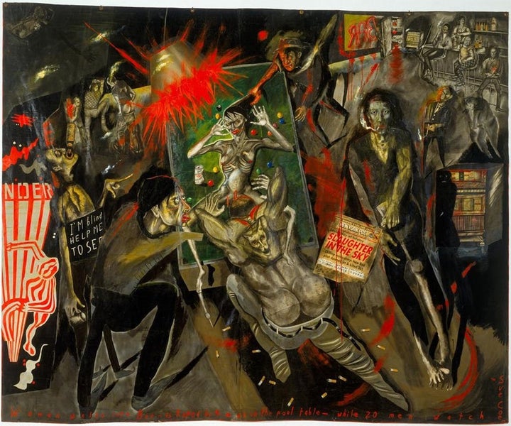 Sue Coe. ‘Woman Walks into Bar – Is Raped by Four Men on the Pool Table – While 20 Watch.’ 1983. Mixed mediums collage. © Sue