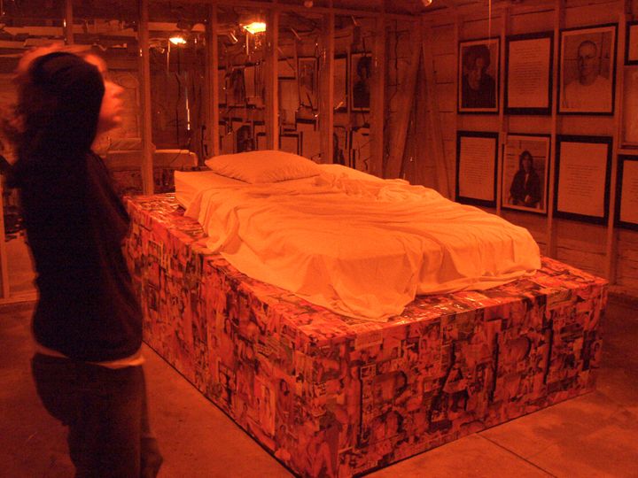 The 2002 installation ‘Rape Garage’ displayed statistics about rape, along with first-person narratives about sexual trauma. Stefanie Bruser, Josh Edwards, Katie Grone and Lindsey Lee. Mixed media site installation at “At Home: A Kentucky Project with Judy Chicago and Donald Woodman.” 2001-2002. Courtesy the Flower Archive, housed at the Pennsylvania State University Archives.