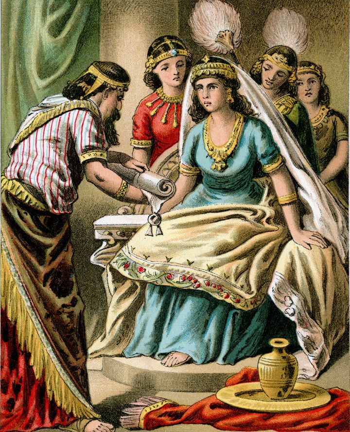 An artistic depiction of Queen Esther in a color lithograph from 1882.