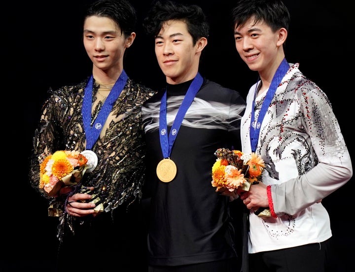 左から羽生結弦、ネイサン・チェン、ヴィンセント・ゾウ