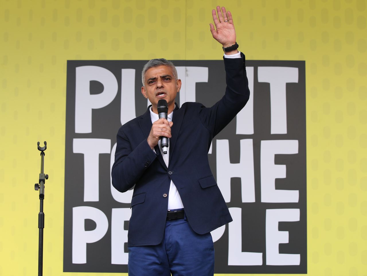 Sadiq Khan addresses anti-Brexit campaigners in Parliament Square as they take part in the People's Vote March in London.