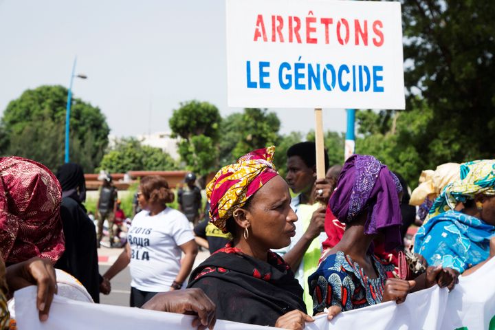Ethnic Fulani people protesting ethnic violence in Mali in June 2018. On Saturday, at least 134 herders were killed in central Mali after armed men, dressed as traditional Donzo hunters, attacked a Fulani village.