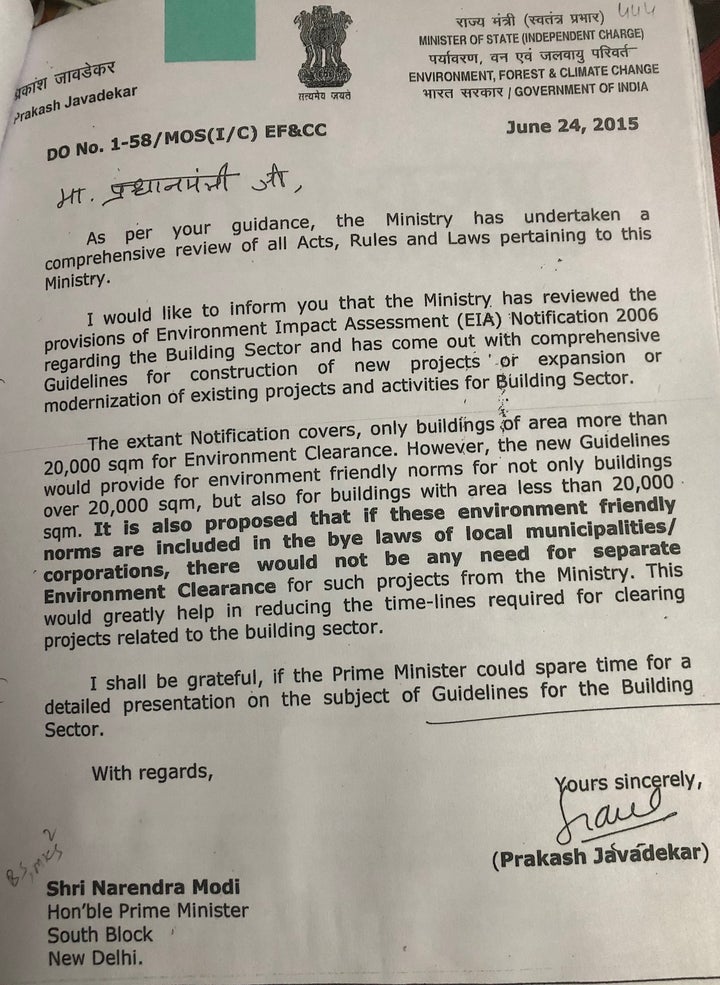 Then environment minister Prakash Javadekar was prolific. Records show he wrote five letters on June 24, 2015. In this letter, accessed exclusively by HuffPost India under the Right to Information, he indicates that the "guidance" for the TSR Subramanian committee came from Modi, among other things.