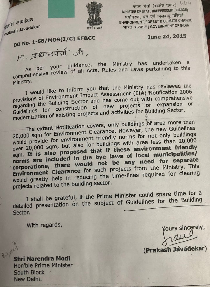 Then environment minister Prakash Javadekar was prolific. Records show he wrote five letters on June 24, 2015. In this letter, accessed exclusively by HuffPost India under the Right to Information, he indicates that the "guidance" for the TSR Subramanian committee came from Modi, among other things. 