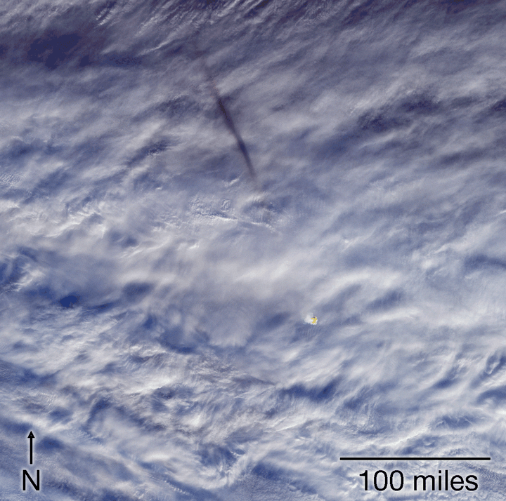 This image sequence shows views from the Terra satellite, a few minutes after a fireball exploded over the Bering Sea on Dec.