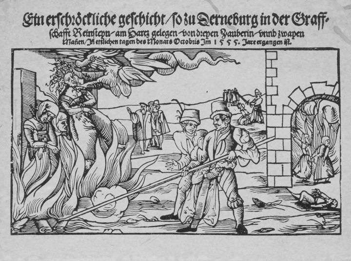 Depiction of witch burning from 1555.