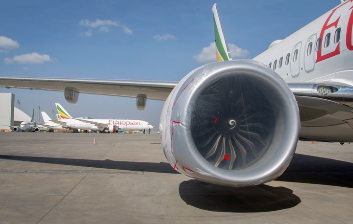 An Ethiopian Airlines Boeing 737 Max 8 is seen grounded at Bole International Airport in Addis Ababa, Ethiopia, on Saturday.