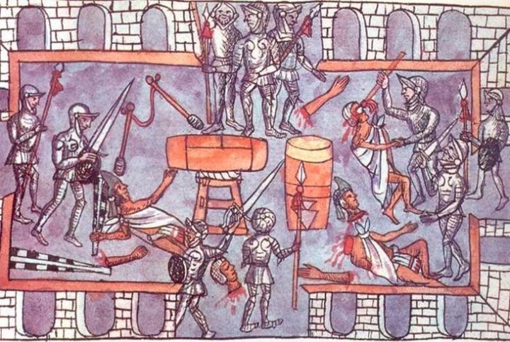 Matanza del Templo Mayor. Pintura contenida en el <em>Códice Durán</em>.