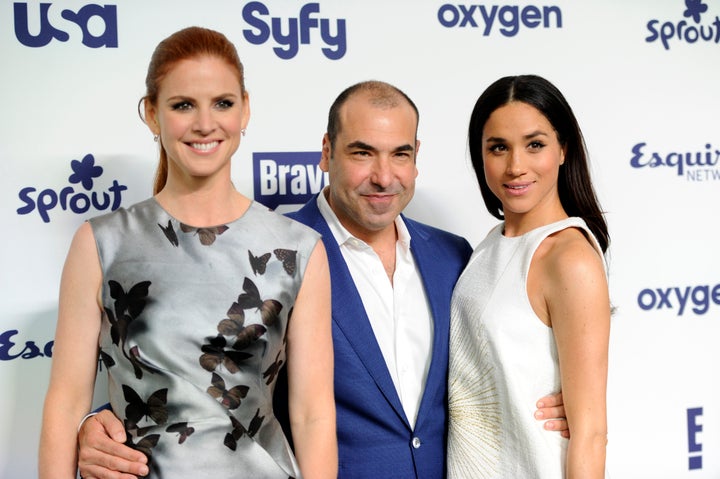 The former actress with fellow "Suits" cast members Sarah Rafferty and Rick Hoffman at the NBCUniversal Cable Entertainment 2014 Upfronts on May 15, 2014. 