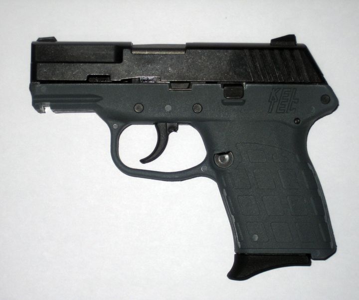 Description 1 Side view of a Kel-Tec PF-9 9mm, semi-automatic, single stack magazine pistol. Pistol is blued finish with gray grip. ... 