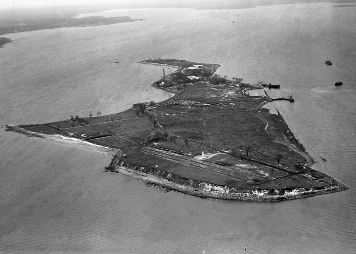 HART ISLAND - FEBRUARY 25: Aerial view of Hart Island, New York in a photo taken on February 25, 1950. (Photo by NY Daily Ne