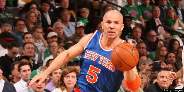 BOSTON, MA - MAY 3: Jason Kidd #5 of the New York Knicks drives against the Boston Celtics in Game Six of the Eastern Conference Quarterfinals during the 2013 NBA Playoffs on May 3, 2013 at the TD Garden in Boston. NOTE TO USER: User expressly acknowledges and agrees that, by downloading and or using this photograph, User is consenting to the terms and conditions of the Getty Images License Agreement. Mandatory Copyright Notice: Copyright 2013 NBAE (Photo by Nathaniel S. Butler/NBAE via Getty Images)