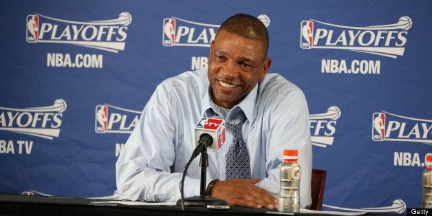 BOSTON, MA - MAY 3: Doc Rivers, Head Coach of the Boston Celtics, addresses the media in a press conference after Game Six of the Eastern Conference Quarterfinals during the 2013 NBA Playoffs on May 3, 2013 at the TD Garden in Boston. NOTE TO USER: User expressly acknowledges and agrees that, by downloading and or using this photograph, User is consenting to the terms and conditions of the Getty Images License Agreement. Mandatory Copyright Notice: Copyright 2013 NBAE (Photo by Nathaniel S. Butler/NBAE via Getty Images)