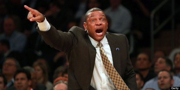 NEW YORK - APRIL 23: Celtics head coach Doc Rivers is animated as he hollers something at Avery Bradley, not pictured, in the second quarter. The Boston Celtics visited the New York Knicks for Game Two of an NBA Eastern Conference Quarter Final series at Madison Square Garden. (Photo by Jim Davis/The Boston Globe via Getty Images)