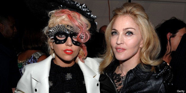 NEW YORK - SEPTEMBER 14: Singer Lady Gaga and Madonna attend the Marc Jacobs 2010 Spring Fashion Show at the NY State Armory on September 14, 2009 in New York City. (Photo by Dimitrios Kambouris/WireImage for Marc Jacobs) 