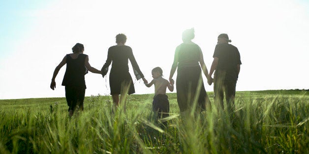 Three generation family walking down in field, rear view