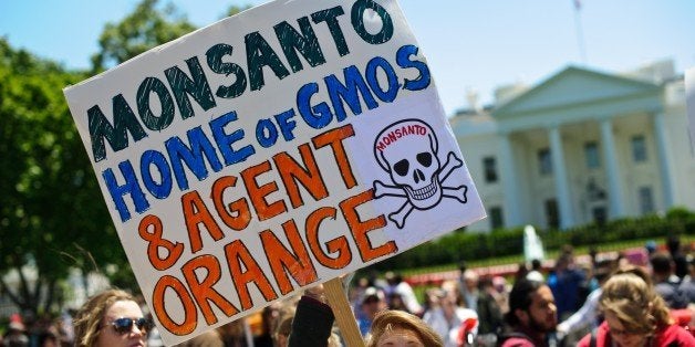People hold signs during a demonstration against agribusiness giant Monsanto and genetically modified organisms (GMO) in fron