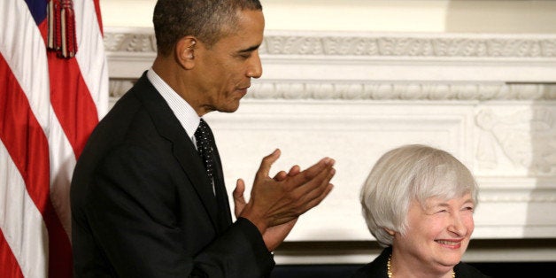 WASHINGTON, DC - OCTOBER 09: U.S. President Barack Obama claps as Janet Yellen smiles during a press conference to nominate