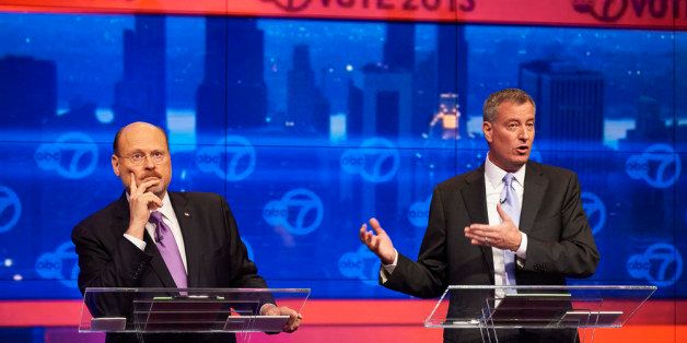 NEW YORK, NY - OCTOBER 15: New York City Democratic mayoral candidate Bill de Blasio, right, and Republican mayoral candidate Joe Lhota participate in their first televised debate at WABC/Channel 7 studios on October 15, 2013 in New York City. The debate, the first of three before the November 5th general election, was hosted by the New York Daily News, WABC-TV, Noticias 41 Univision and the League of Women Voters. (Photo by James Keivom-Pool/Getty Images)