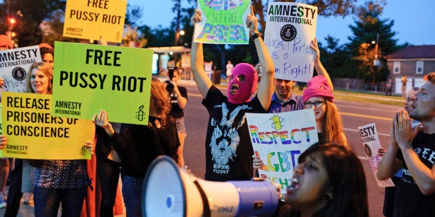 WASHINGTON, DC - AUGUST 16: Supporters of Pussy Riot gather to demand the release of members of the punk band outside of the