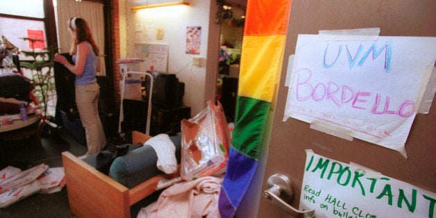 405117 01: An unidentified student packs up her belongings for the end of the semester in a suite called 'A room of our own' at the University of Vermont (UVM) May 7, 2002 in Burlington, VT. The suite-style dorm was the first gay friendly housing offered at UVM. New housing, including 10 double rooms on an entire dormitory floor, will be reserved for Lesbian, Gay, Bi-sexual, Transgender, Questioning, Allied (LGBTQA) students. The general purpose of the two housing options is to provide students with living quarters where they can feel free from judgment or harassment. Other schools offering similar housing options include the University of Massachusetts, Wesleyan University and the University of Maine. (Photo by Jordan Silverman/Getty Images)