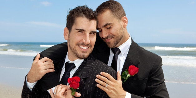 two gay men after wedding on a...