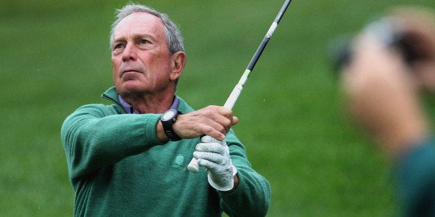 NORTON, MA - AUGUST 29: New York Michael Bloomberg was part of Tiger Woods's group during the Pro-Am tourney of the Deutsche Bank Championship at TPC Boston in Norton, Thursday, Aug. 29, 2013. (Photo by Wendy Maeda/The Boston Globe via Getty Images)