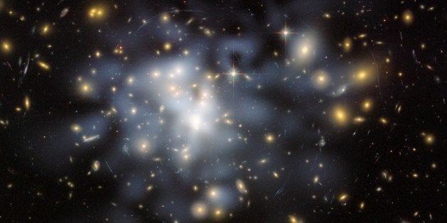 This NASA Hubble Space Telescope image shows the distribution of dark matter in the center of the giant galaxy cluster Abell 1689, containing about 1,000 galaxies and trillions of stars. (Photo by: Universal History Archive/UIG via Getty Images)