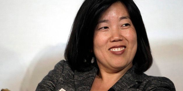 Michelle Rhee, former chancellor of the District of Columbia public school system, smiles during a panel discussion at Stanford University's SIEPR Economic Summit in Palo Alto, California, U.S., on Friday, March 11, 2011. Rhee and Caroline Hoxby, a professor of economics at Stanford University, discussed the relationship between education and economics. Photographer: Tony Avelar/Bloomberg via Getty Images