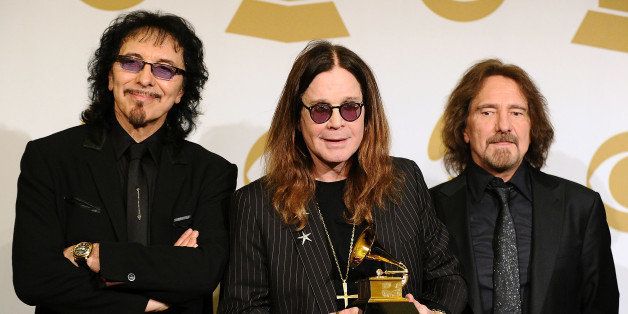 LOS ANGELES, CA - JANUARY 26: (L-R) Tony Iommi, Ozzy Osbourne and Geezer Butler of Black Sabbath pose in the press room at the 56th GRAMMY Awards at Staples Center on January 26, 2014 in Los Angeles, California. (Photo by Jason LaVeris/FilmMagic)