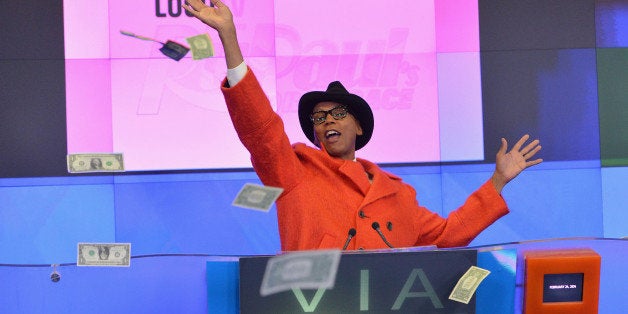 NEW YORK, NY - FEBRUARY 24: TV personality RuPaul rings the closing bell at NASDAQ MarketSite on February 24, 2014 in New Yo