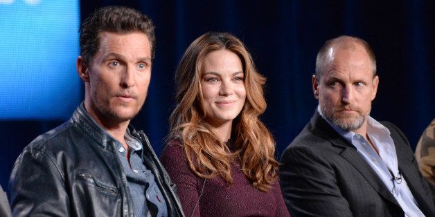 PASADENA, CA - JANUARY 09: (L-R) Actors Matthew McConaughey, Michelle Monaghan and Woody Harrelson speak onstage at the 'True Detective' panel during the HBO Winter 2014 TCA Panel at The Langham Huntington Hotel and Spa on January 9, 2014 in Pasadena, California. (Photo by Jeff Kravitz/FilmMagic)