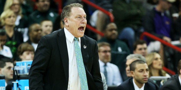 SPOKANE, WA - MARCH 22: Head coach Tom Izzo of the Michigan State Spartans reacts in the first half against the Harvard Crim