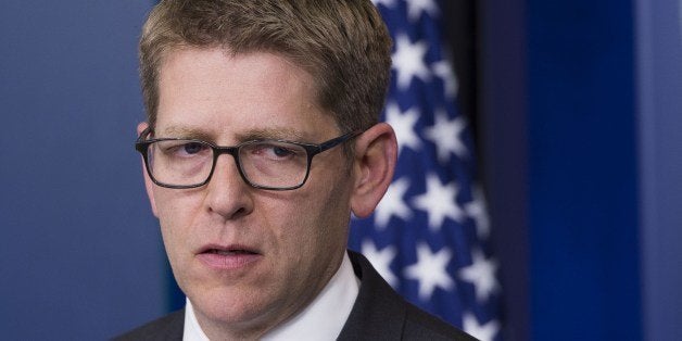 White House Press Secretary Jay Carney delivers a statement during the Daily Briefing at the White House in Washington, DC, May 29, 2014. Carney answered questions concerning the scandal involving the Veterans Administration. AFP PHOTO / Jim WATSON (Photo credit should read JIM WATSON/AFP/Getty Images)