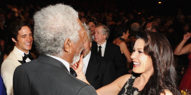 HOLLYWOOD, CA - JUNE 06: (L-R) Actors Morgan Freeman and Catherine Zeta-Jones attend the 2014 AFI Life Achievement Award: A Tribute to Jane Fonda at the Dolby Theatre on June 5, 2014 in Hollywood, California. Tribute show airing Saturday, June 14, 2014 at 9pm ET/PT on TNT. (Photo by Kevin Mazur/WireImage)