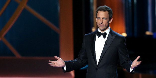 LOS ANGELES, CA - AUGUST 25: 66th ANNUAL PRIMETIME EMMY AWARDS -- Pictured: Host Seth Meyers speaks on stage during the 66th Annual Primetime Emmy Awards held at the Nokia Theater on August 25, 2014. (Photo by Mark Davis/NBC/NBC via Getty Images)