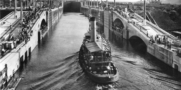 View of the first boat through the Gatun Locks, Panama, September 26, 1913. (Photo by PhotoQuest/Getty Images)