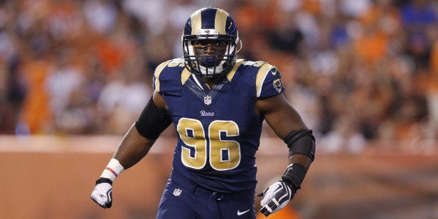 CLEVELAND, OH - AUGUST 23: Michael Sam #96 of the St. Louis Rams reacts after sacking Johnny Manziel of the Cleveland Browns