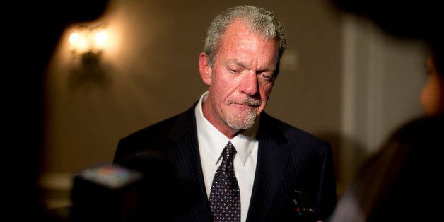 FILE - In this Oct. 8, 2013 file photo, Indianapolis Colts owner Jim Irsay pauses as he speaks to reporters following the NFL owners' fall meetings in Washington. Authorities say Irsay is in jail after being stopped on suspicion of drunken driving. Hamilton County Sheriff's Department Deputy Bryant Orem says Irsay was arrested Sunday night, March 16, 2014, in the northern Indianapolis suburb of Carmel. (AP Photo/Carolyn Kaster, File)