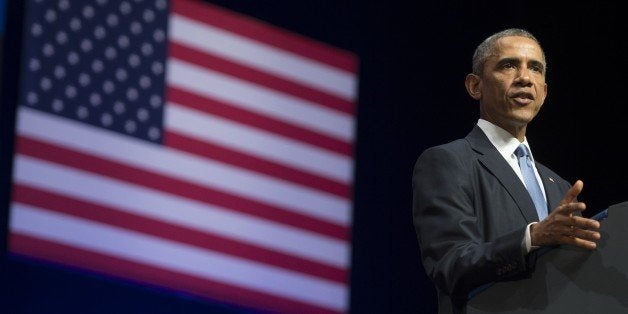 US President Barack Obama delivers a speech about US - Estonia relations, as well as the situation in Ukraine, at Nordea Concert Hall in Tallinn, Estonia, September 3, 2014. US President Barack Obama underscored Washington's commitment to the security of NATO allies, announcing additional US planes to police the skies over Europe's eastern flank bordering Russia. AFP PHOTO / SAUL LOEB (Photo credit should read SAUL LOEB/AFP/Getty Images)