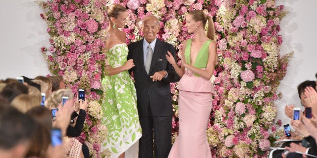 NEW YORK, NY - SEPTEMBER 09: Designer Oscar de la Renta (C) and model Karlie Kloss (L) walk the runway at the Oscar De La Renta fashion show during Mercedes-Benz Fashion Week Spring 2015 on September 9, 2014 in New York City. (Photo by Slaven Vlasic/Getty Images)