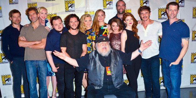 SAN DIEGO, CA - JULY 25: (L-R) Nikolaj Coster-Waldau, David Beniott, Gwendoline Christie, John Bradley, Kit Harrington, Natalie Dormer, Sophie Turner, Maisie Williams, Rory McCann, Rose Leslie, Pedro Pascal and D.B. Weiss at HBO's 'Game Of Thrones' Panel And Q&A on Friday Day 2 of Comic-Con International 2014 held at San Diego Convention Center on July 25, 2014 in San Diego, California. (Photo by Albert L. Ortega/Getty Images)