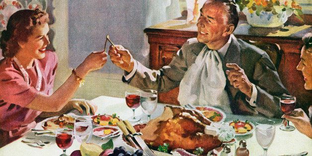 Vintage illustration of a husband and wife pulling the wishbone of a turkey for good luck at Thanksgiving dinner; screen print, 1942. (Photo by GraphicaArtis/Getty Images)